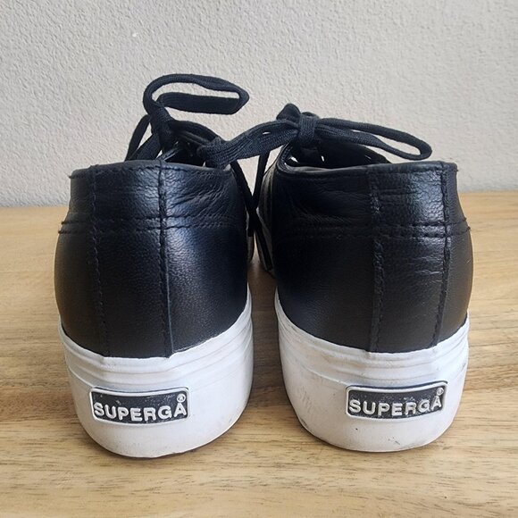Superga 2790 Platform Leather Shoes Womens Size 8.5 Black Lace Up S00C790 - Picture 3 of 11